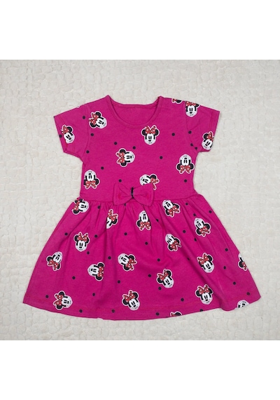 Momikon Minnie Mouse Desenli Fiyonk Detaylı Pamuklu Kız Çocuk Elbise Füşya