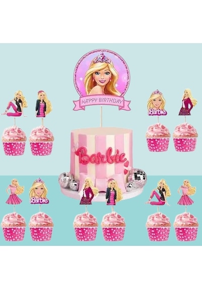 Barbie Cake Topper Set Pasta Seti 20 Kürdan 25 Kek Kalıbı 1 Pasta Üstü Büyük Doğum Günü Pasta Süsü +3