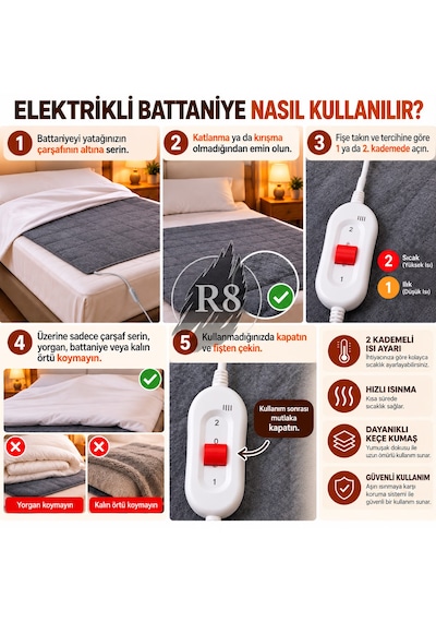 R8 Çift Kişilik Elektrikli Battaniye 2 Kademeli Isı Ayarlı Aşırı Isınma Korumalı Çok Renkli