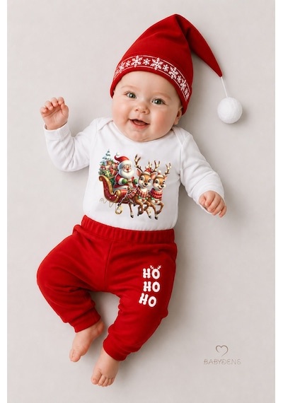 Babyden's Bebek Yılbaşı Noel Kıyafeti 3 Lü Takım,noel Baskılı Uzun Kollu Body ,kırmızı Pantolon,ponponlu Şapka Unisex Kırmızı - Beyaz