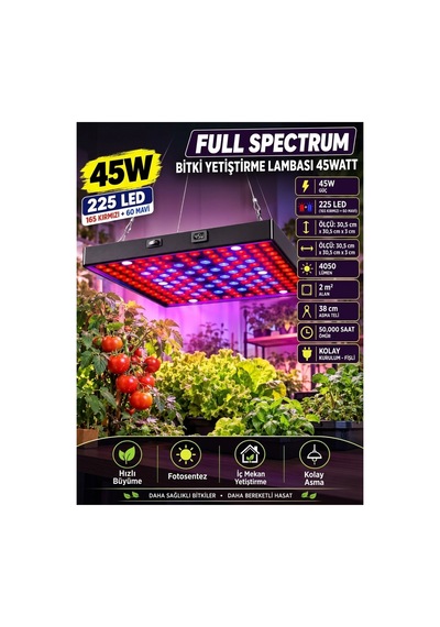 45w Full Spectrum Led Bitki Yetiştirme Lambası - 225 Led Kırmızı Mavi Işık 30.5x30.5 Cm Bitki Büyütme Paneli Fişli / Asma Teli Dahil Tak Çalıştır Set 45w Full Spectrum Led Bitki Yetiştirme Lambası - 225 Led Kırmızı Mavi Işık 30.5x30.5 Cm Bitki Büyütme Paneli Fişli / Asma Teli Dahil Tak Çalıştır Set