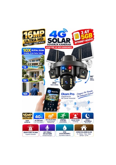 Premium 16mp 4g Solar Güvenlik Kamerası Çift Panel Ptz İnsan Takip Renkli Gece Görüş Ip66 Okam Pro