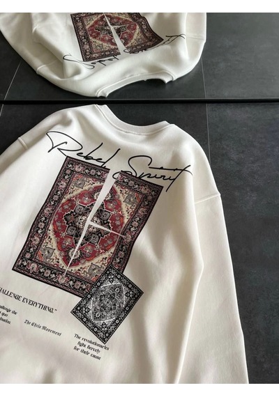Kadın Bisiklet Yaka Kilim Halı Baskılı 3 İplik Pamuklu Sweatshirt - Beyaz