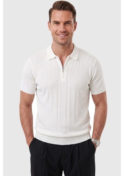 Rizzup Erkek Fermuarlı Beyaz Polo Yaka Triko Tişört Regular Fit Rahat Kesim 2604360