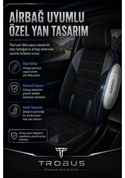 Nova Serisi Tay Tüyü Bel Destekli Siyah Mavi Premium Üniversal Koltuk Kılıfı Tam Set