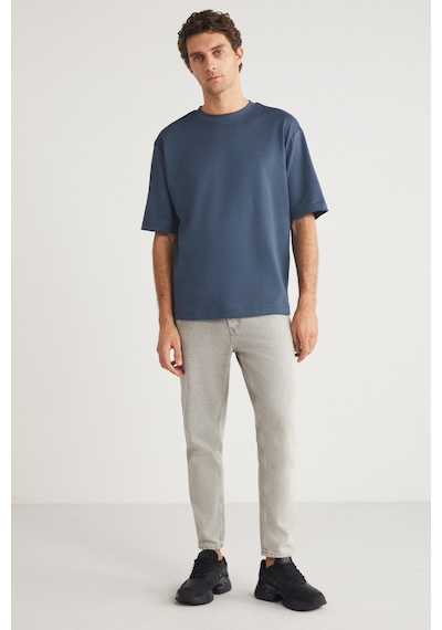 Grimelange Joel Erkek %100 Organik Pamuklu Kalın Kumaşlı Özel Dokulu Etiket Detaylı Oversize Indigo T-shirt