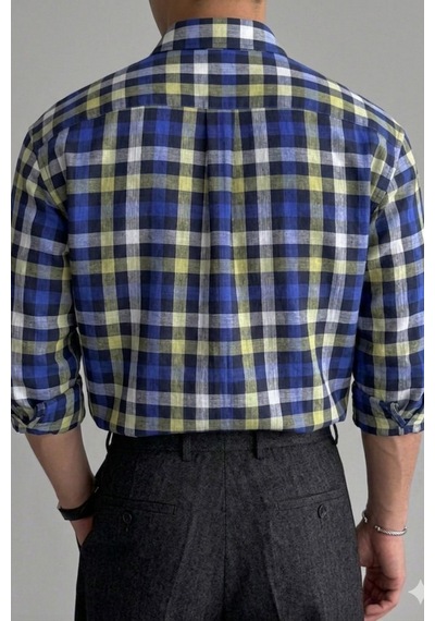 Erkek Ekose Gömlek Slim Fit Pamuklu Uzun Kollu Günlük Şık Gömlek Sarı