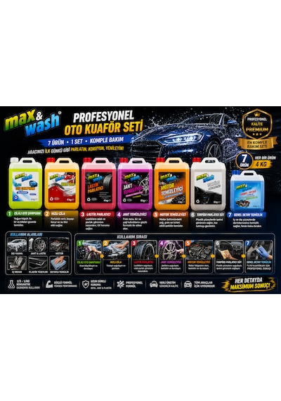 Max&wash 7'li Profesyonel Oto Kuaför Seti 7x4 Kg Cilalı Oto Şampuan + Hızlı Cila + Lastik Parlatıcı + Jant Temizleyici + Motor Temizleyici + Torpido Parlatıcı + Genel Detay Temizleyici