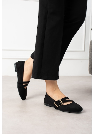 Wolk Shoes Derin Kadın Babet Çapraz Bantlı Tokalı Siyah - 874761149 Siyah