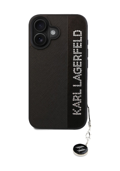 Apple Uyumlu iPhone  16 Kılıf Karl Lagerfeld Lisanslı Anahtarlık Taşlı Kl Yazılı Saffiano Rhinestone Siyah
