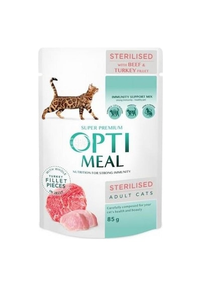 Optimeal Kısırlaştırılmış Dana Hindi Soslu Tahılsız Yetişkin Kedi Maması 85 G