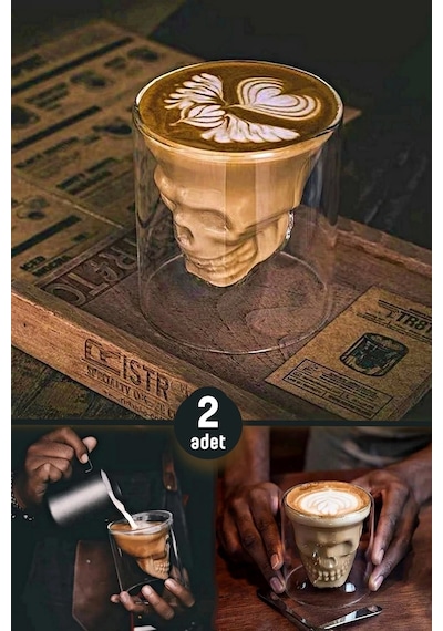 2'li Kuru Kafa Tasarımlı Bardak Kahve Expresso Kokteyl Bardağı Kristal Skull Çift Cidarlı Cam Kupa