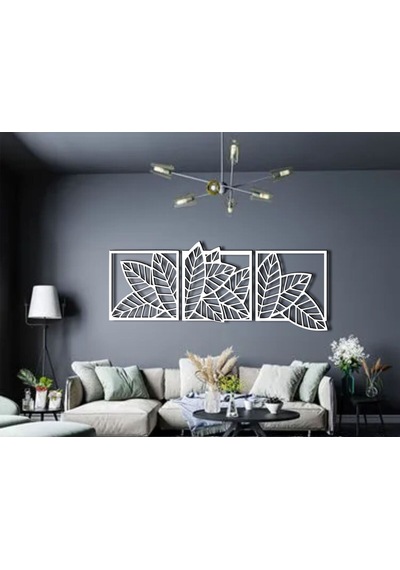 Yaprak Model 3 Lü Dekor Ahşap Duvar Süs Tablo Beyaz Renk 147x52 Cm