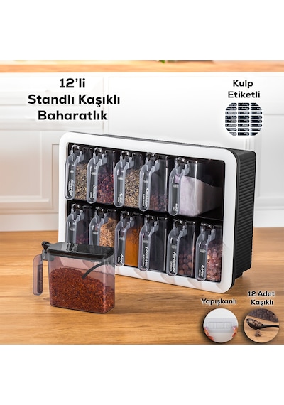 Porsima 1165 Random Standlı Kendinden Yapışkanlı Kaşıklı Kapaklı Baharatlık Seti 12'li Beyaz - Siyah Siyah - Beyaz