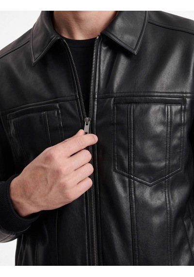 Koton Slim Fit Gömlek Yaka Fermuarlı Cepli Suni Deri Ceket Siyah 7wam20079hw