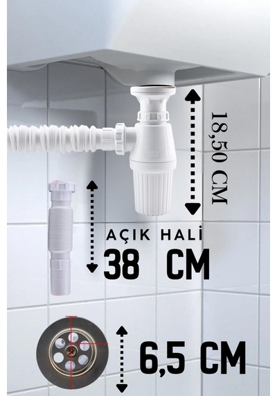 Lüx Körüklü Lavabo Sifonu Taslı Sökülebilir Mutfak Banyo Gider Borusu 38 Cm Pis Su Tahliye Hortumu
