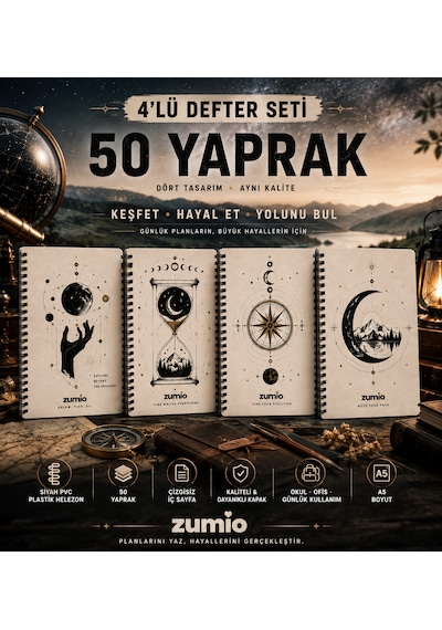 Astro Yolculuk Temalı 4'lü A5 Çizgisiz Defter Seti 50 Yaprak Siyah Düz