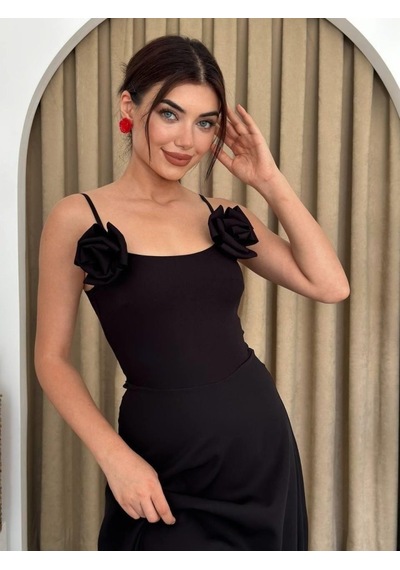 De'charme Matilda Gül İp Askılı Elbise Siyah