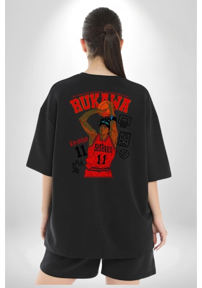 Rukawa Kaede Anime Basketbol Karakteri Pamuklu Unisex Oversize Sırt Dijital Baskılı Siyah T-shirt Siyah