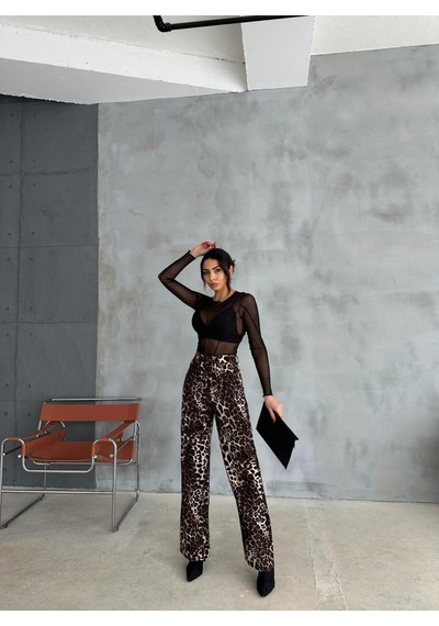Zeo Basic Wide-leg Pantolon Leopar Desenli Kahverengi