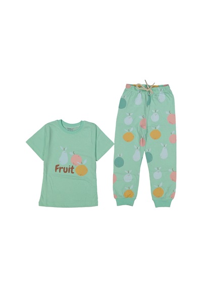 Bebegen Kız Çocuk Su Yeşili Meyve Baskılı Pijama Takımı Çok Renkli