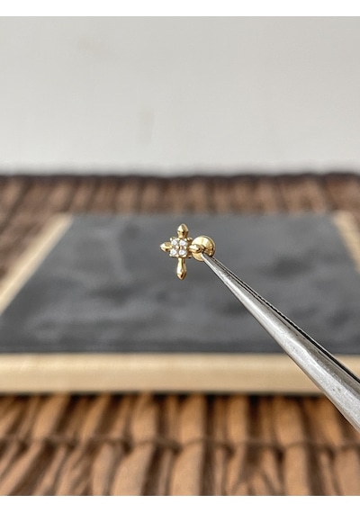 %100 Cerrahi Çelik Haç Zirkon 6 X 1.2 MM Altın Labret Piercing Altın