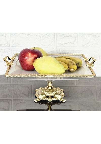 Porselen Büyük Sade Kare Servis Tabağı-sunumluk Döküm Gold Çerçeve Ve Ayaklı 27cm Beyaz