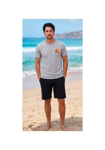 Baskılı Bisiklet Yaka Relaxed Fit Erkek T-shirt Ve Siyah Şort Kombin Takımı Çok Renkli