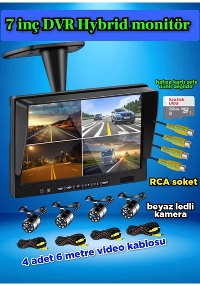 7 İnç Dvr Ekran Ve 4 Ad Beyaz Ledli Kelebek Kamera Set 12 Volt