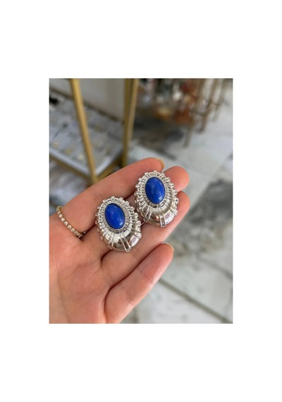Vintage Model Mavi Taş Ve Metal Çerçeveli Küpe