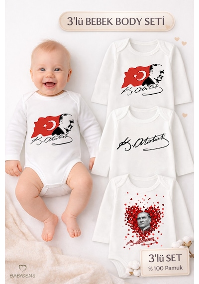 Babyden's Atatürk Temalı 3 Lü Bebek Body Seti %100 Pamuk Uzun Kollu Çıtçıtlı Zıbın Body Beyaz