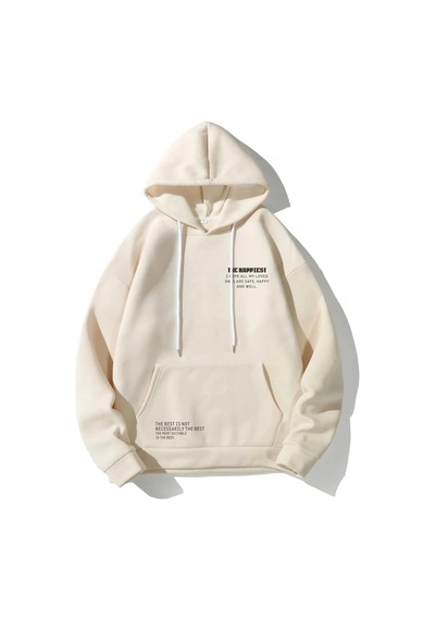 Tarzsokak Unisex Bej Happiest Baskılı Oversize Kapşonlu Sweatshirt Bej