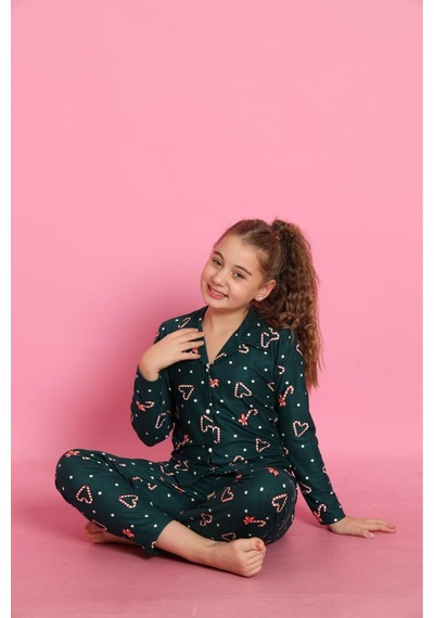 Beka Kids Yılbaşı Desenli Uzun Kollu Önden Düğmeli Gömlek Yaka Kız Çocuk Pijama Takımı Yeşil