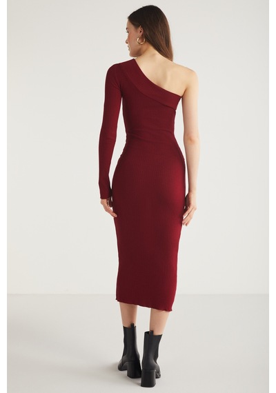 Ethıquet Reddısh Kadın Slim Fit Dar Kesim Vücudu Saran Kaşkorse Midi Boy Bordo Elbise