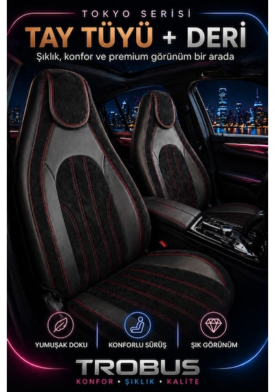Fiat Albea 2002-2012 Bel Destekli Tay Tüyü Koltuk Kılıfı Tokyo Serisi Siyah Kırmızı