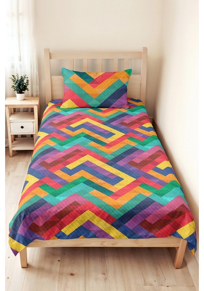 Geometrik Renkli Genç Odası Tek Kişilik Pike Takımı - Zigzag Turkuaz Sarı 160x220 Cm Yatak Örtüsü Dokulu Gölge Sükuneti