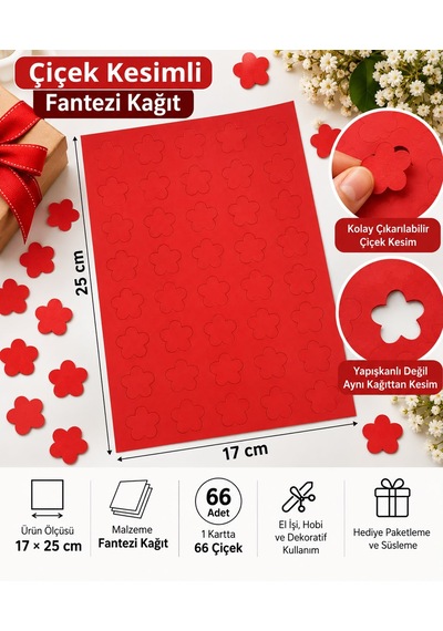 Hazır Kesim Kağıt Çiçek Desen 66 Adet Kırmızı Fantezi Kağıt Süs, Hediye Paketleme, Dekorasyon Ve Hobi