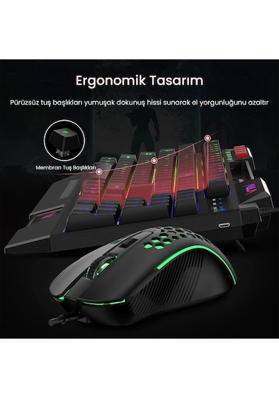 Aula T650 4 İn 1 Gaming Set Rgb Kablolu Membran Klavye 3600 Dpı Mouse Mikrofonlu Oyuncu Kulaklığı Mousepad Lazer