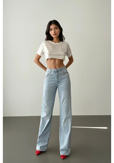 Lacarino 7984 Wide Leg Kadın Jean Pantolon Lıght Blue Taşlı