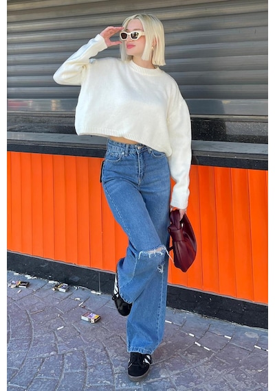 Madmext Krem Bisiklet Yaka Crop Kadın Kazak Mg2166 Krem