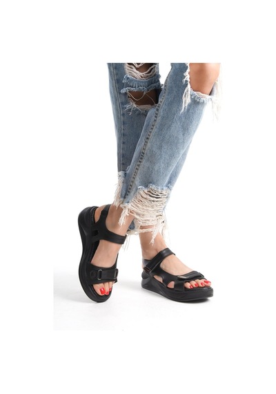 Asmi Shoes Kadın Aston Konfor Ortopedik Taban Cırtlı Sandalet Siyah Siyah