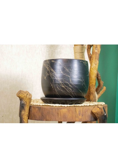 Bitki Tasarımı Ev Dekorasyon  Siyah Üzeri Gold Tabaklı Terracota Toprak Saksı Saksılık Salon Çiçeklik 19 CM