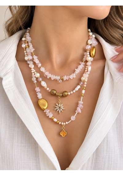 El Yapımı Pembe Doğal Taş Ve İnci Detaylı Çok Katlı Kadın Kolye Gold Charm Tasarım Pembe Altın Rengi El Yapımı Pembe Doğal Taş Ve İnci Detaylı Çok Katlı Kadın Kolye Gold Charm Tasarım Pembe Altın Rengi