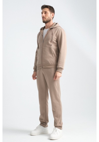 Shooter Sportswear Erkek Kışlık Eşofman Takımı Thermosoft Teknolojisi İçi Kuzu Görünümlü Regular Kalıp Minimal Logo Kapüşonlu Vizon