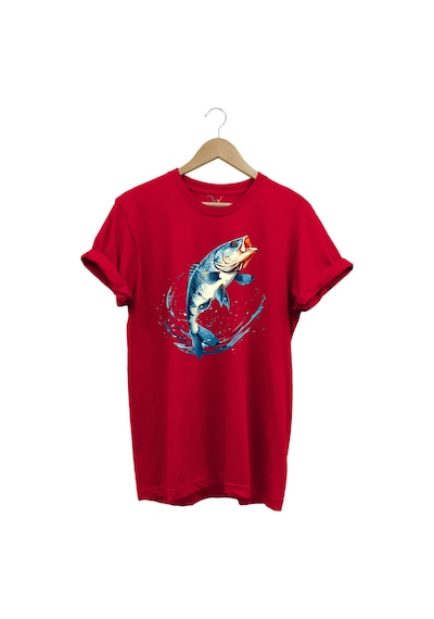 Balıkçılık Levrek Balığı Baskılı Renkli Tasarım %100 Pamuk Regular Fit Bisiklet Yaka Kırmızı T-shirt Kırmızı