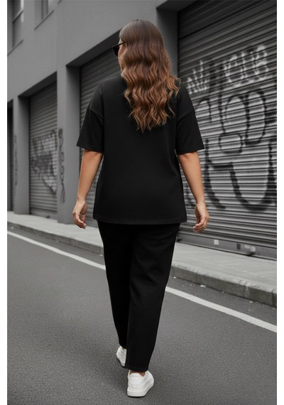 Mily Kadın Büyük Beden Battal Basic Bisiklet Yaka Pamuklu T-shirt Rahat Kesim Unisex Sevgili Kombini SIYAH