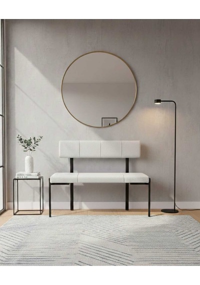 Özcan Metal Metal Siyah Ayaklı Sırtlı Mutfak Salon Antre Yatak Odası Balkon Puf Bank Oturak Bench Beyaz