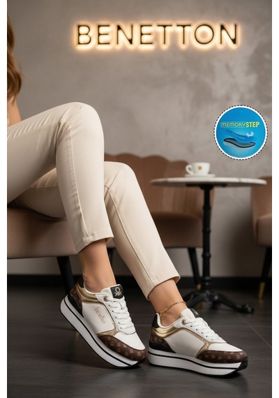 United Colors Of Benetton Beyaz Bağcıklı Cilt Memory Foam Kadın Spor Ayakkabı Bnı-12096 G