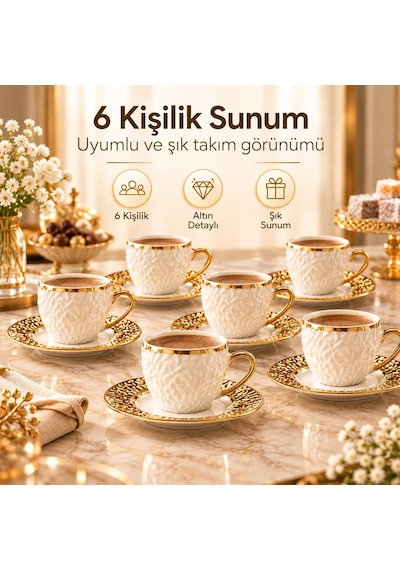 Valkyrie Şehrazat Serisi 6 Kişilik 12 Parça Kahve Fincan Takımı Kabartmalı Desenli, Altın Detaylı Beyaz Altın