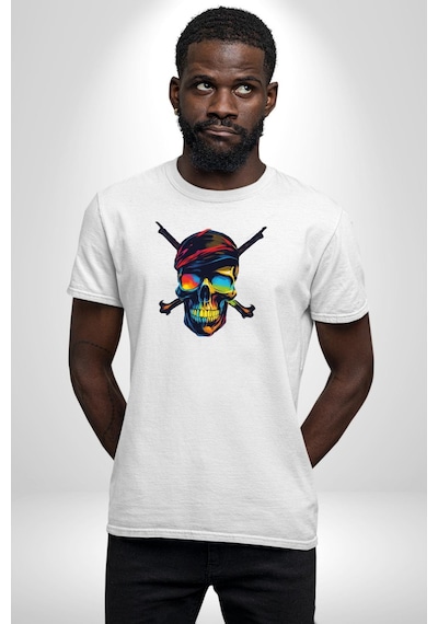 Korsan Kurukafa Unisex Unisex Beyaz Organik Baskılı T-shirt Penye Yüksek Kalite Beyaz